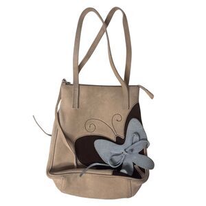 Coccinelle Suede Butterfly Satchel Bag Purse Double Handle Tan Blue bv